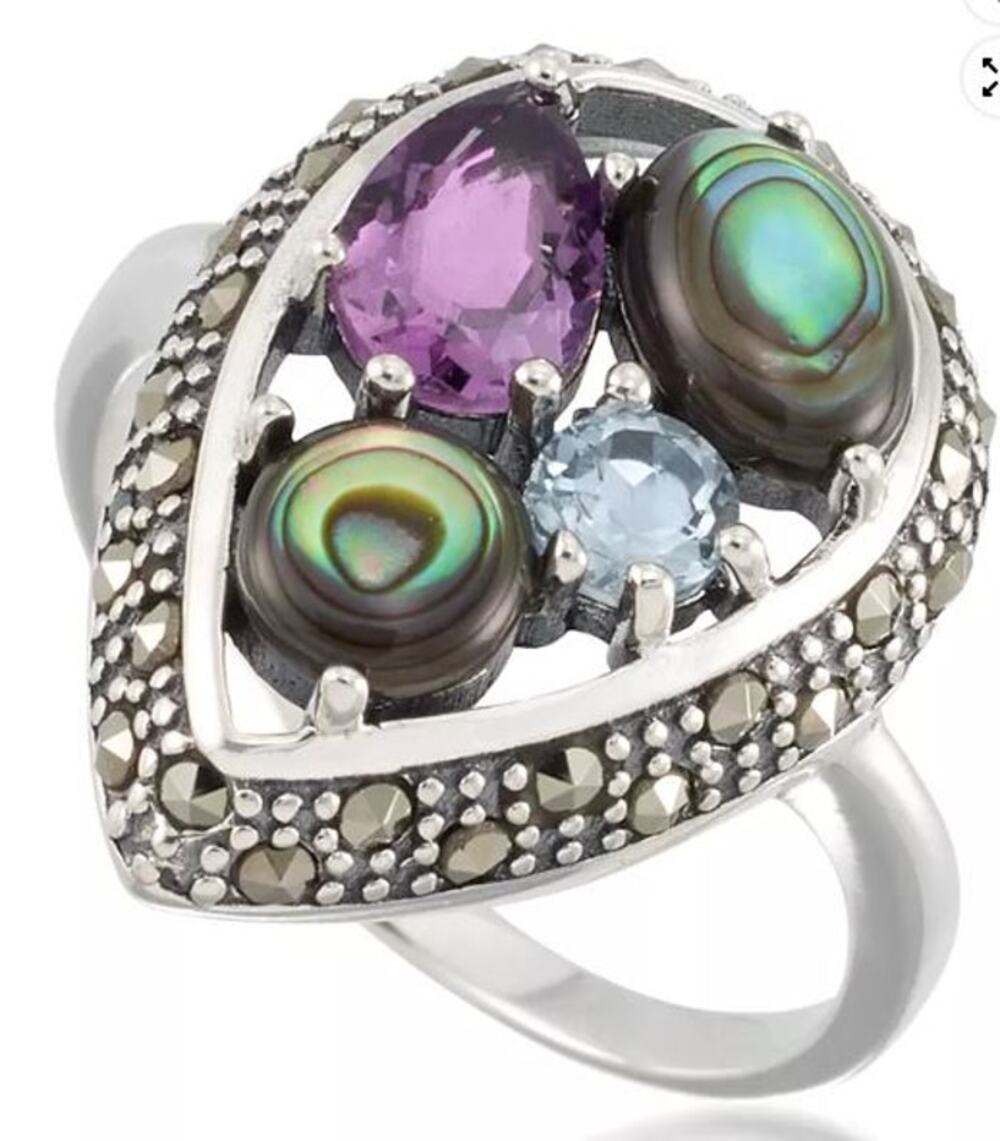 Macy's 7 Marcasite Amethyst Abalone Blue Topaz Teardrop Ring Sterling Silver